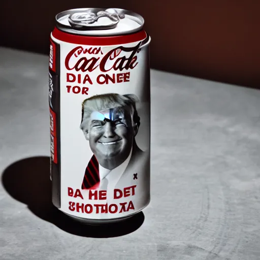 Image similar to a dslr photograph of a can of diet coke with donald trump's face on it, 8 5 mm f 2