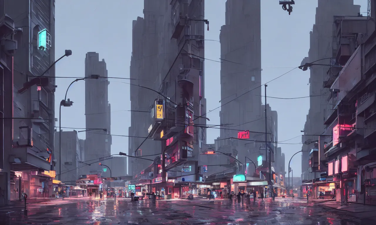 Image similar to photorealistic streetscape, simple brutalist architecture, metal, concrete, wet streets, white neon lights, colorful neon signs, flying vehicles, pedestrians, syd mead, ralph mcquarrie, doug chiang, concept art, matte painting, finely detailed, minimal artifacts, rule of thirds, dynamic lighting, cinematic, denoised, centered, artstation