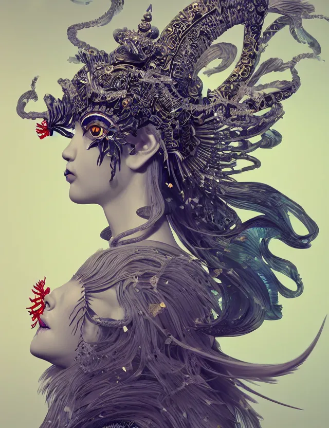 Image similar to 3 d goddess close - up profile portrait with crown, ram skull. beautiful intricately detailed japanese crow kitsune mask and clasical japanese kimono. betta fish, jellyfish phoenix, bio luminescent, plasma, ice, water, wind, creature, artwork by tooth wu and wlop and beeple and greg rutkowski