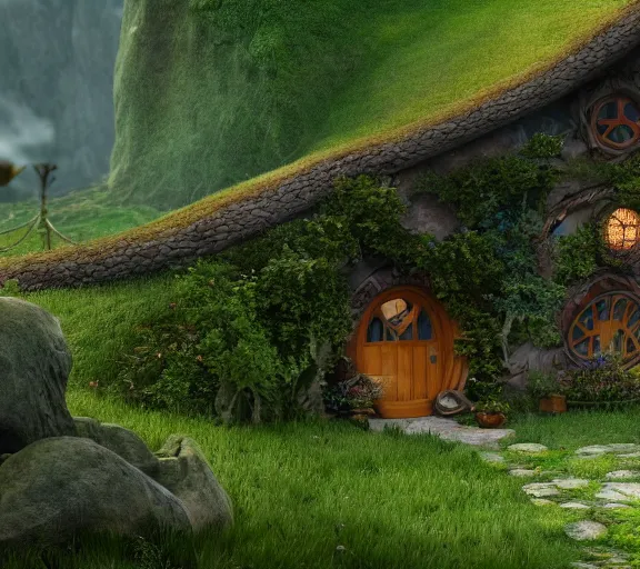 Prompt: a hobbit in his home at the shire, fantasy hi quality 4 k render,