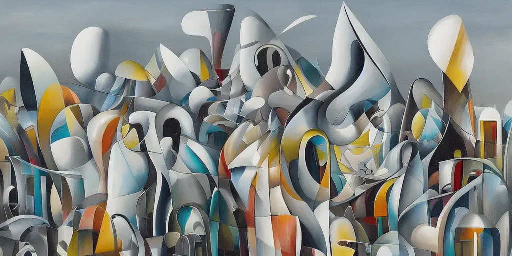 Image similar to a painting of abstract buildings like amalfi coast by zaha hadid and yves tanguy and aaron horkey