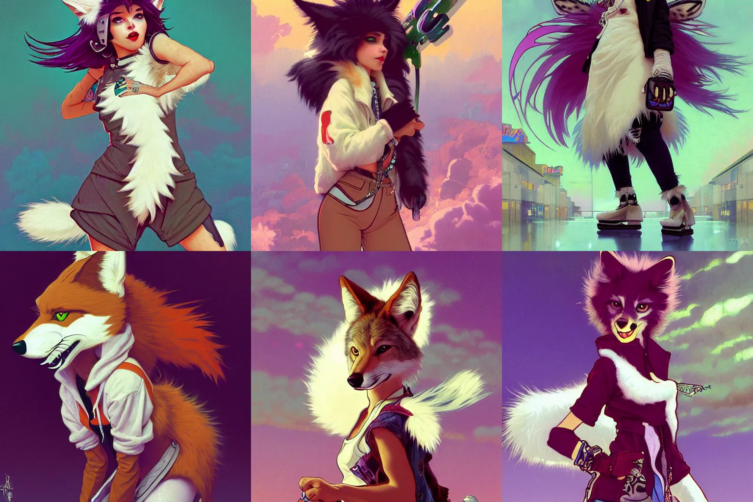 Prompt: female furry anthropomorphic coyote with white fur wearing stylish skater punk clothes. Vaporwave. Renowned character illustration by greg rutkowski, thomas kindkade, alphonse mucha, loish, norman rockwell. Trending on furaffinity. Digital Art.