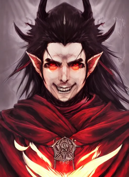 Image similar to Half body portrait of a handsome elf fire mage with long black hair wearing ornate scarlet robe, crazy grin, flame, anarchy. In style of Yoji Shinkawa and Hyung-tae Kim, trending on ArtStation, dark fantasy, great composition, concept art, highly detailed, dynamic pose.