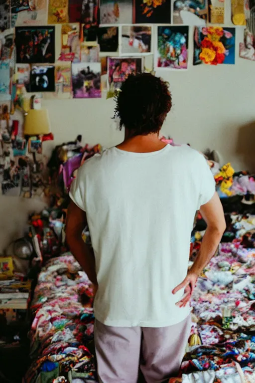 Image similar to kodak portra 4 0 0 photograph of a guy wearing a flower crown in a cluttered messy 9 0 s bedroom, back view, lens flare, moody lighting, moody vibe, telephoto, 9 0 s vibe, blurry background, grain, tranquil, calm, faded!,