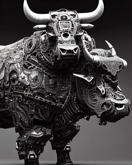 Prompt: a full body shot of an imposing cyborg bull modeled after a bull looking into the camera, contrast lighting, black skin!!!, intricate pattern, highly detailed, android, cyborg, full body shot, intricate, 3 d, symmetrical, octane render, fantasy, highly detailed, digital art, artstation, strong bokeh