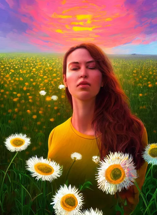 Prompt: portrait of a woman, head made of giant daisies, in a flower field, surreal photography, sunset dramatic light, impressionist painting, colorful clouds, large sky, digital painting, artstation, simon stalenhag