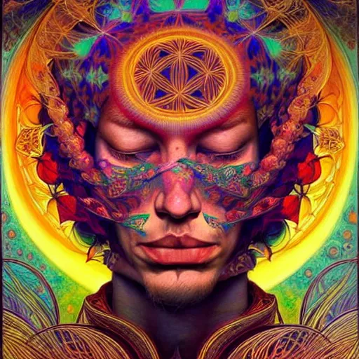 Image similar to psychedelic ayahuasca artwork of esao andrews frank xavier leyendecker, energy body, sacred geometry, esoteric art, divinity detailed, saturated colors,