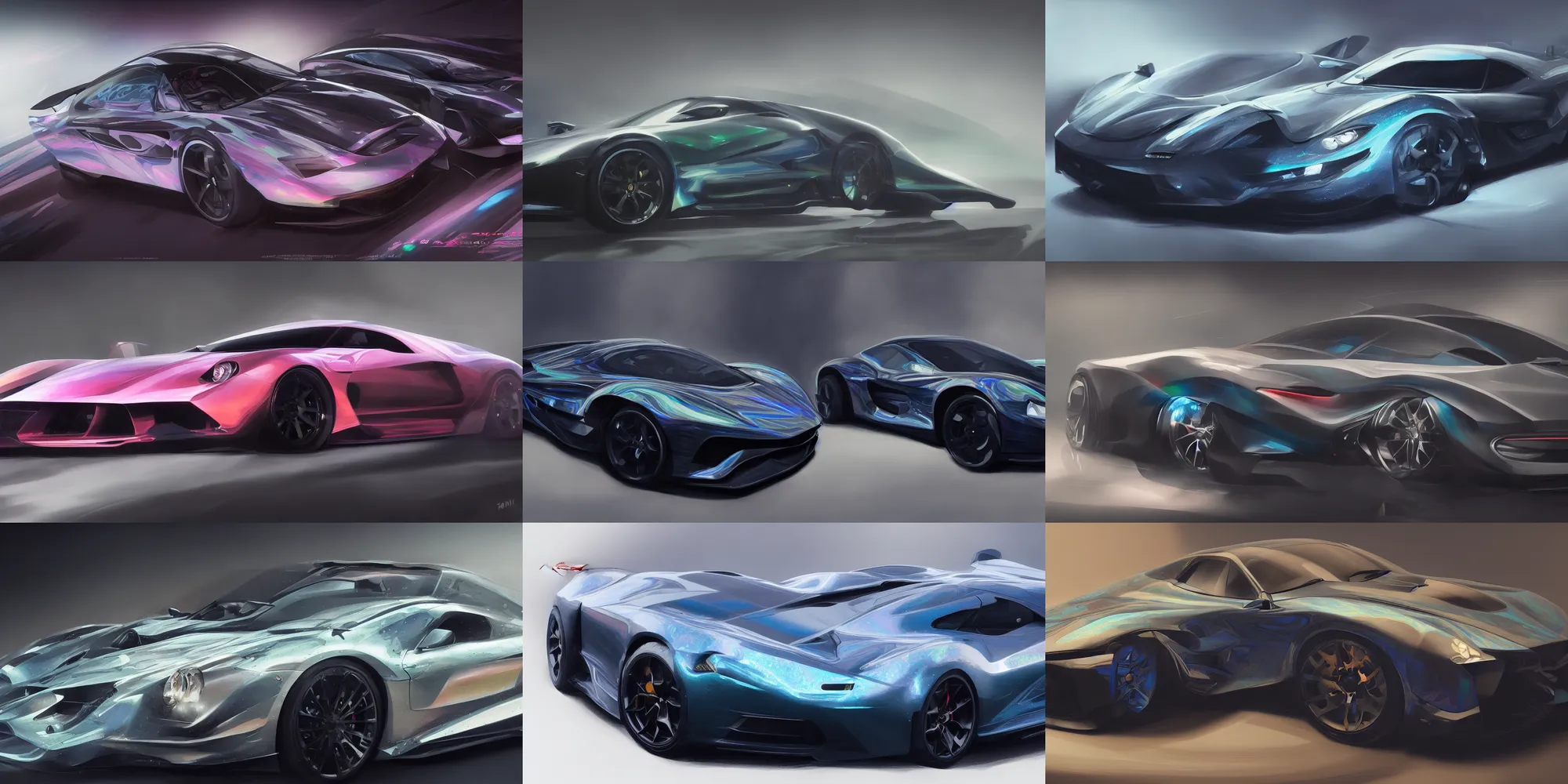 Prompt: full view of a sport car, painted in dark color holographic pearlescent, elegant, digital painting, concept art, smooth, sharp focus, art style from Wang Ke and Greg Rutkowski and Bruce Kaiser and Scott Robertson and Dmitry Mazurkevich and Doruk Erdem and Jon Sibal, small style cue from GTAV