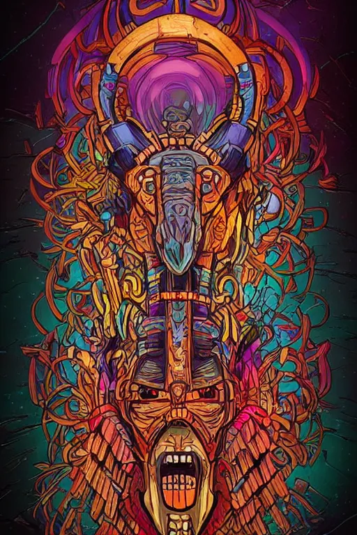 Image similar to totem animal tribal chaman vodoo mask feather gemstone plant wood rock video game illustration vivid color borderlands by josan gonzales and dan mumford radiating a glowing aura