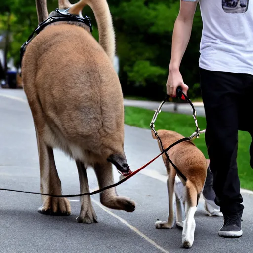 Prompt: Pete Davidson!!!, Walking a kangaroo on a leash, photo