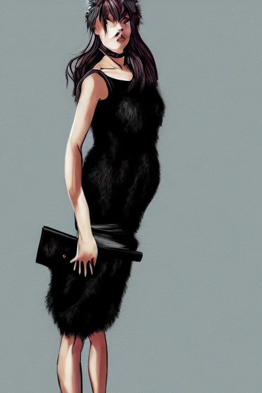 Image similar to full body aesthetic full body digital illustration of a beautiful young woman in a furry little black dress, realistic, Vogue, magazine photography, photorealistic, deviantArt, trending on artstation, artstation HQ