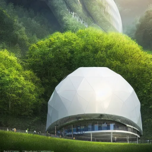 Image similar to vertical farms and white sci - fi dome in a steep sided valley with trees, a sense of hope and optimism, hyper realistic, high res, 4 k, warm light, edouard groult, bynde, kirill leonov