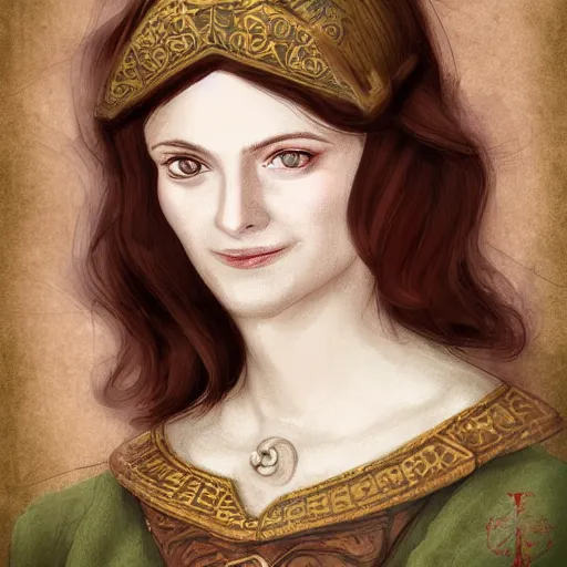 Image similar to head portrait, full faced, 40 years old women, light smile, dark red hair, green eyes, in beige expensive historic clothing, high detail, digital art, medieval fantasy