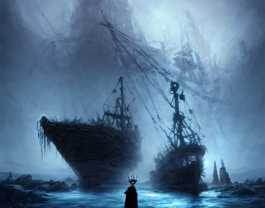 Prompt: frozen zombie man with a crown, eyes glows, broken sailing ship boat in the background, is at dawn and bluish, fantasy, intricate, elegant, highly detailed, digital painting, artstation, concept art, matte, sharp focus, illustration, art by aenaluck and roberto ferri and greg rutkowski, epic fantasy, digital painting