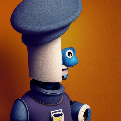 Image similar to full body portrait of a round robot wearing beret, painting a canvas, big head, high detail, beautiful light, depth of field, sharp focus, clean design, 4 k, pixar, colorful, octane render