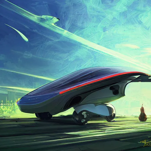 Image similar to solarpunk hovercar, clean energy, green technology, batoidea shape, highway, sunny day, futurism, intricate, engines, glow, highly detailed, peaceful, utopia, bright, digital painting, artstation, concept art, smooth, sharp focus, epic landscape, art by akihiko yoshida and tim mcburnie and anato finnstark