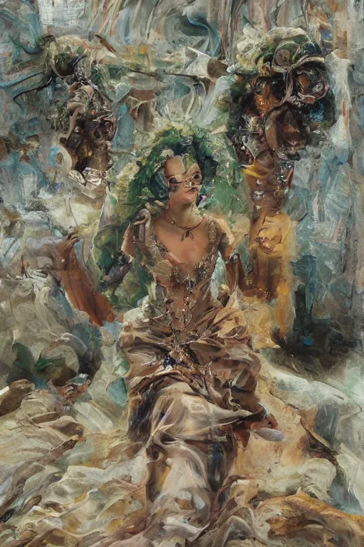 Prompt: an epic painting of a 1 9 years old girl figure, curly messy high bun hairstyle, oriental tattoos, subject wearing a gold and ruby high fashion gown, flowing, ornate, beautiful, muted tonal colors, with few vivid green highlights, by jeremy mann and greg rutkowski, artstation, oil on canvas