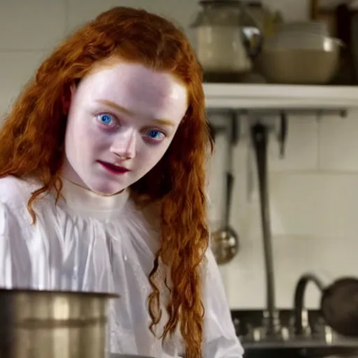 Prompt: sadie sink face popping out of a kitchen sink