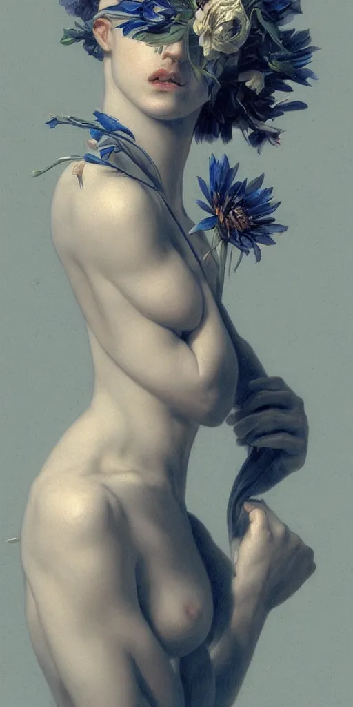 Image similar to highly detailed beautiful photography of flower, sharp focus, dramatic, dynamic, lighting, elegant, blue background, harmony, beauty, masterpiece, by roberto ferri, by kim jung gi, pencil draw