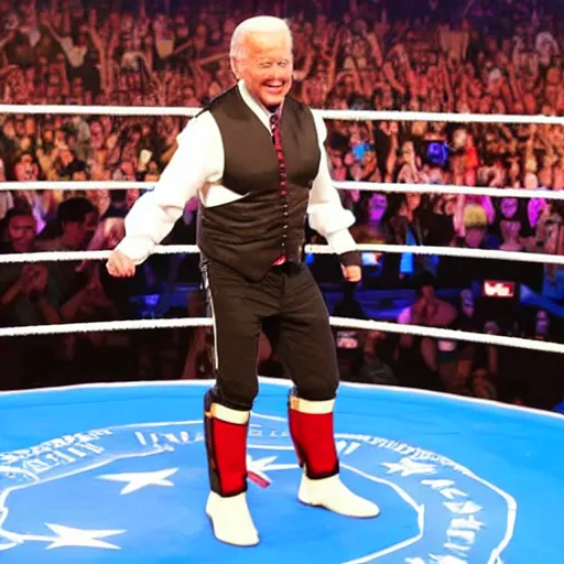 Image similar to Joe Biden in WWE costume, standing in ring, high quality photograph