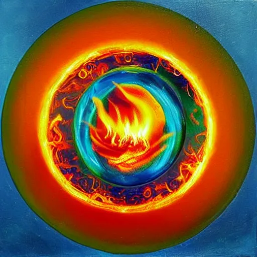Prompt: soap bubble covered in fire flames, centered, symmetrica, oil paintingl