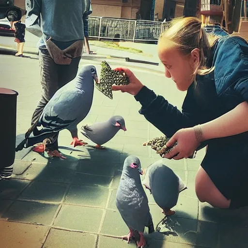 Prompt: “a large pigeon man feeding tiny humans”