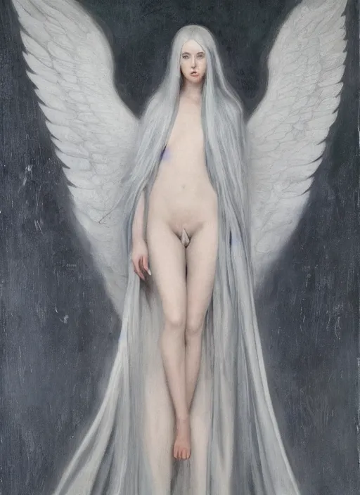 Image similar to single thin angel with silver hair so pale and wan!, thin!, wearing robes, covered in robes, lone pale wan feminine goddess, wearing silver robes, flowing hair, pale skin, young cute face, covered!!, clothed! oil on canvas, style of lucien levy - dhurmer and jean deville, 4 k resolution, aesthetic!, mystery