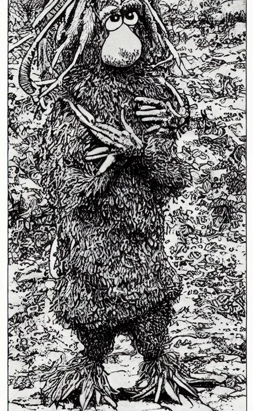 Image similar to an illustration of a fraggle, full body, standing in rectangular border, pen-and-ink illustration, etching, by Russ Nicholson, DAvid A Trampier, larry elmore, 1981, HQ scan, intricate details