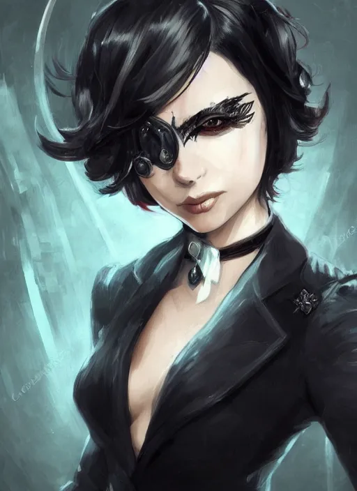 Image similar to a highly detailed illustration of beautiful short black messy haired woman wearing eyepatch!!! and noir style suit and tie, dramatic smiling pose, intricate, elegant, highly detailed, centered, digital painting, artstation, concept art, smooth, sharp focus, league of legends concept art, WLOP