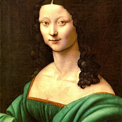 Prompt: young woman from the year 1 5 0 0, seated in front of a landscape background, her black hair is curly, she wears a dark green dress pleated in the front with yellow sleeves, puts her right hand on her left hand, and smiles slightly, oil painting in style of leonardo da vinci