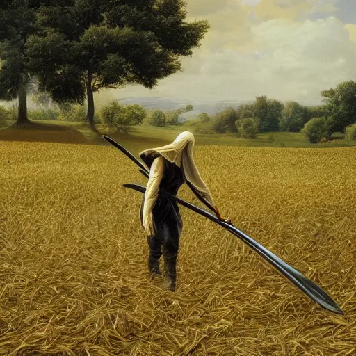 Image similar to death with a scythe takes its harvest in the field, ultrarealistic, photorealism, high quality, ultra detailed, 16k,