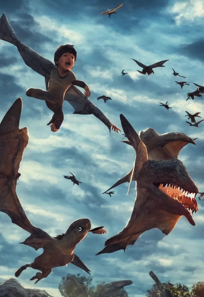 Image similar to a running child looking at a pterodactyle flying in the sky in the style of a movie poster, realistic, super detailed, cinematographic, epic lighting