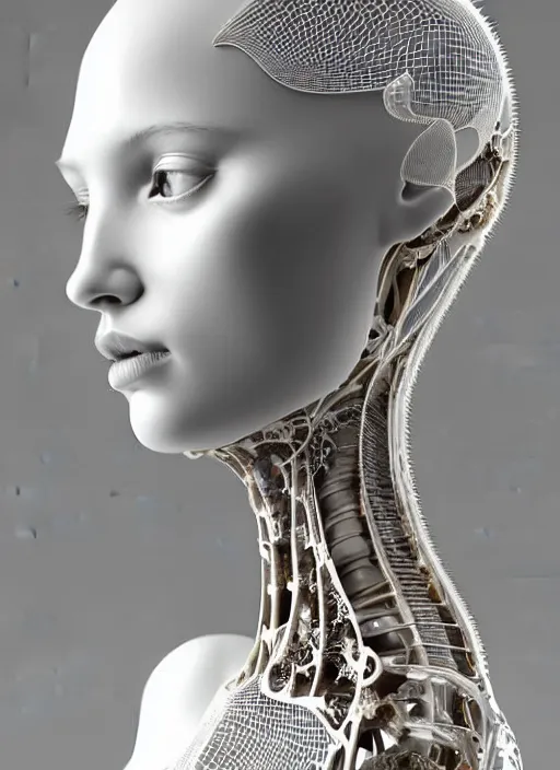 Image similar to complex 3d render ultra detailed of a beautiful porcelain profile young woman face, biomechanical cyborg, 150 mm lens, beautiful studio soft light, rim light, silver lemon details, magnolia big lemon and stems, roots, fine foliage lace, mesh wire, Alexander Mcqueen high fashion haute couture, art nouveau fashion embroidered, steampunk, intricate details, hyper realistic, ultra detailed, mandelbrot fractal, anatomical, facial muscles, cable wires, microchip, elegant, octane render, H.R. Giger style, volumetric lighting, 8k post-production