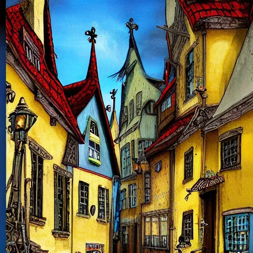 Image similar to a beautiful painting of a brightly colored medieval street with crooked buildings, painted by alexander jansson, artstation