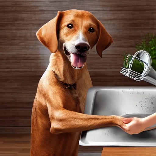Image similar to a happy dog doing the dishes, very detailed and sharp photorealistic image