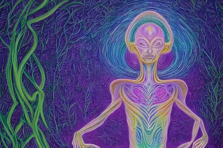 Image similar to painting of a tranquil alien made of light and glows meditating in dense forest by alex grey, acrylic art, ethereal, soothing, somber, elegant, warm light, cozy