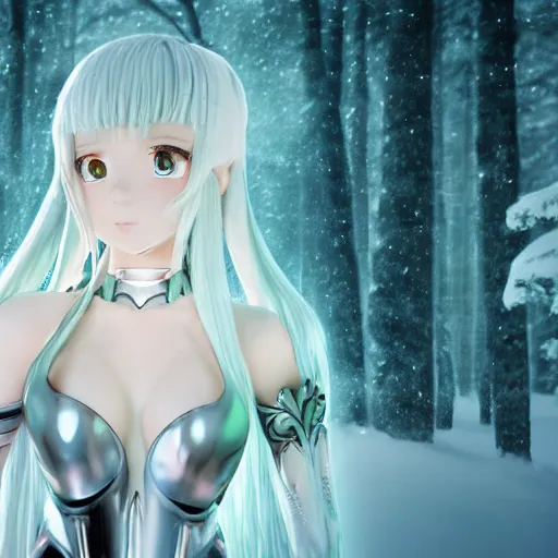 Prompt: portrait focus of beautiful 3 d anime girl as a saint seiya knight!! silver frozen ice armor wearing!! dark forest background snowing, bokeh, inspired by masami kurum