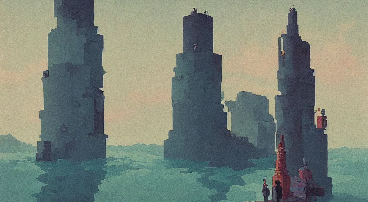 Prompt: single flooded simple cosmic tower, very coherent and colorful high contrast!! masterpiece by rene magritte simon stalenhag carl spitzweg syd mead norman rockwell edward hopper james gilleard, minimalist, dark shadows, sunny day, hard lighting