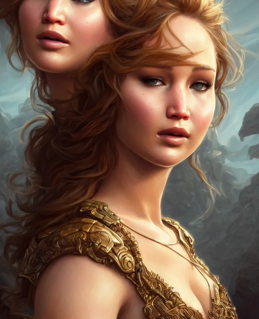 Image similar to Jennifer Lawrence, closeup, D&D, fantasy, intricate, elegant, highly detailed, digital painting, artstation, concept art, matte, sharp focus, illustration, hearthstone, art by Artgerm and Greg Rutkowski and Alphonse Mucha