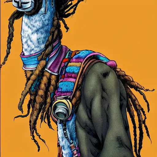 Prompt: llama with dreadlocks, heroic pose, by Katsuhiro Otomo, detailed, high resolution, with beautiful colors