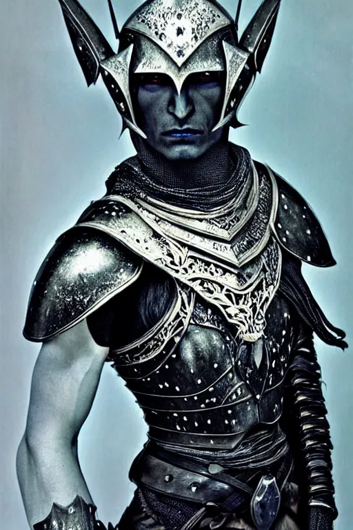Image similar to head and shoulders portrait of an eldritch knight, drow, dark elf, shadar kai, male, breastplate, magical, high fantasy, d & d, by annie liebovitz, face details, extremely detailed, vogue fashion photo