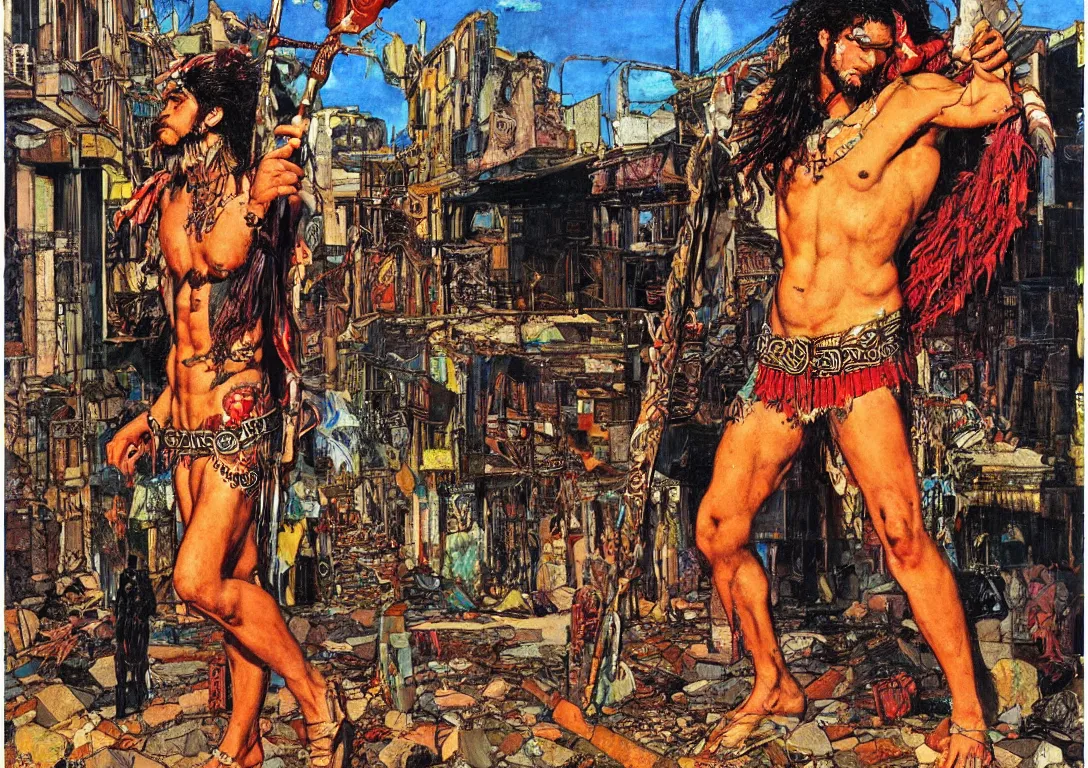 Image similar to a punk polynesian greek god searching through the streets of an abandoned city, sparse detail, complementary color scheme, by george luks, mati klarwein and moebius