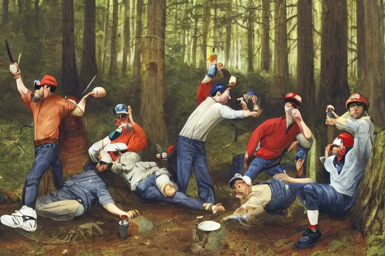 Prompt: mid - thirties guys in baseball caps binge drinking in a forest, in the style of skovgaard