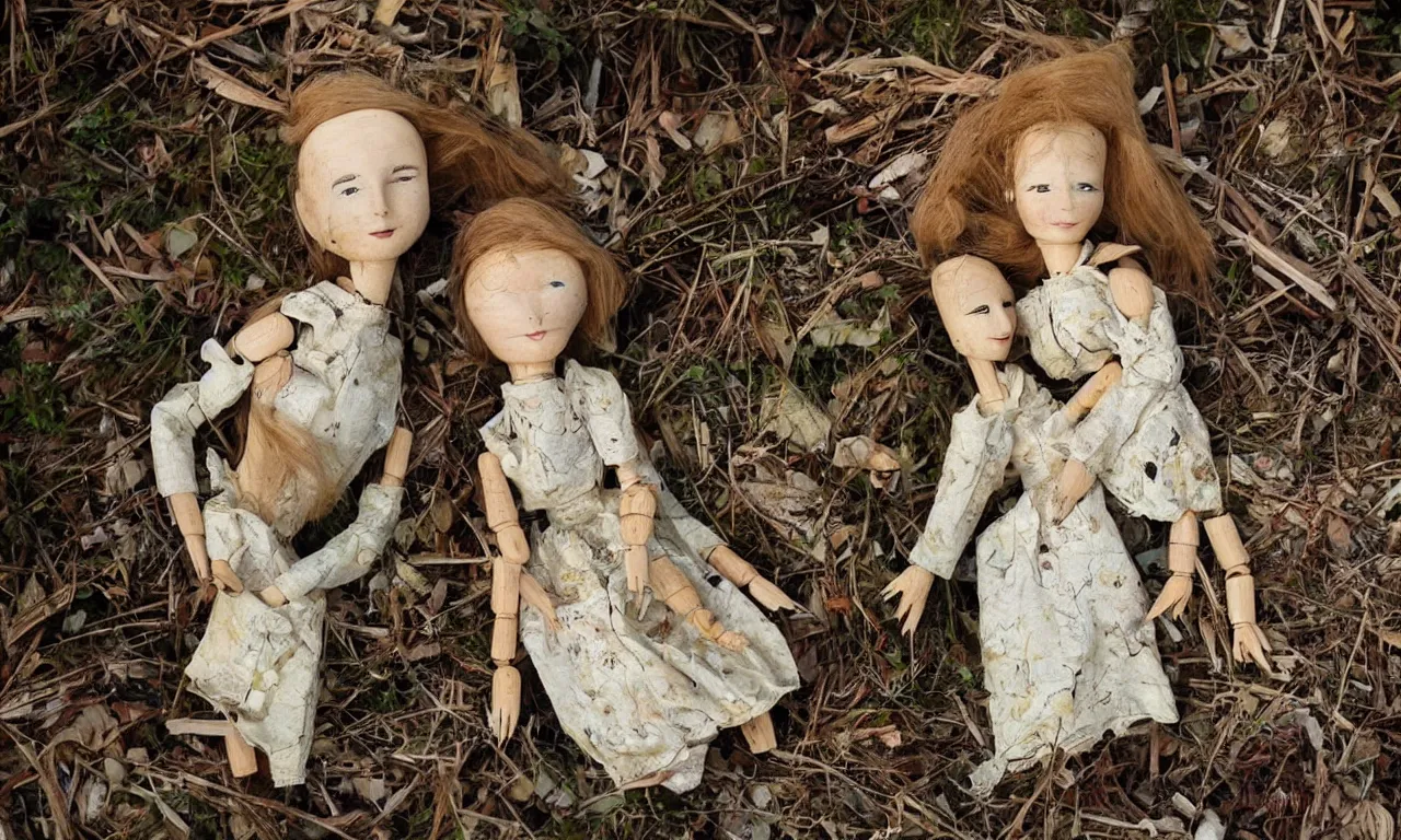 Prompt: a cinematic head and shoulders portrait of a beautiful female jointed wooden art doll, holding each other, abandoned inside an abandoned house, broken toys are scattered around, by Elsa Beskow