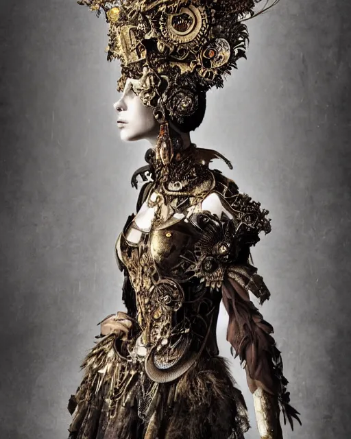 Image similar to a portrait of female by stefan geselle and nekro borja, steampunk, photorealistic, intricate details, hyper realistic, fantasy, elegant, baroque gold headpiece, photorealistic, canon r 3, photography, wide shot, symmetrical features, wide angle shot, head to toe, standing pose, feet on the ground, wearable art