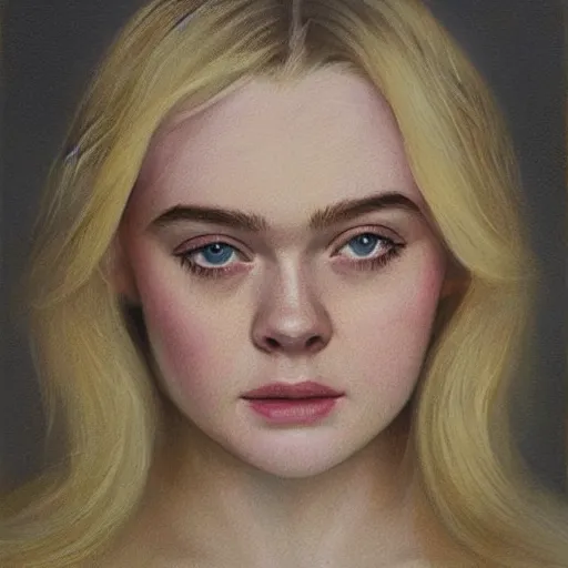 Image similar to professional painting of Elle Fanning in the style of David Ligare, head and shoulders portrait, symmetrical facial features, smooth, sharp focus, illustration, intricate, stormy weather, extremely detailed masterpiece,