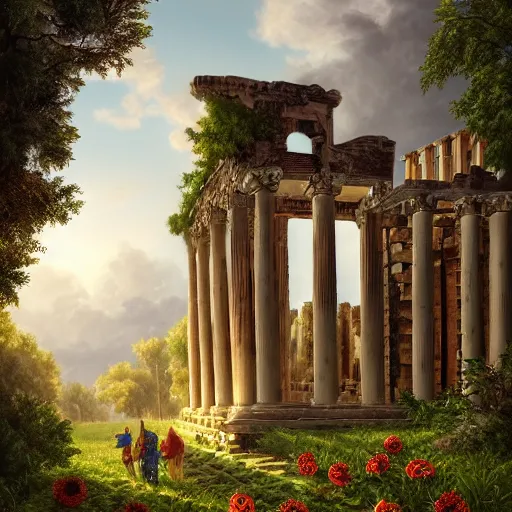 Image similar to beautiful highly detailed digital illustration of roses and sunflowers in front of a greek palace ruins in the forest. by Andreas Rocha, dramatic clouds, establishing shot, cinematic, architecture, artstation HQ, HD, 8k resolution, featured in art magazine, amazing depth, octane render, unreal engine 5