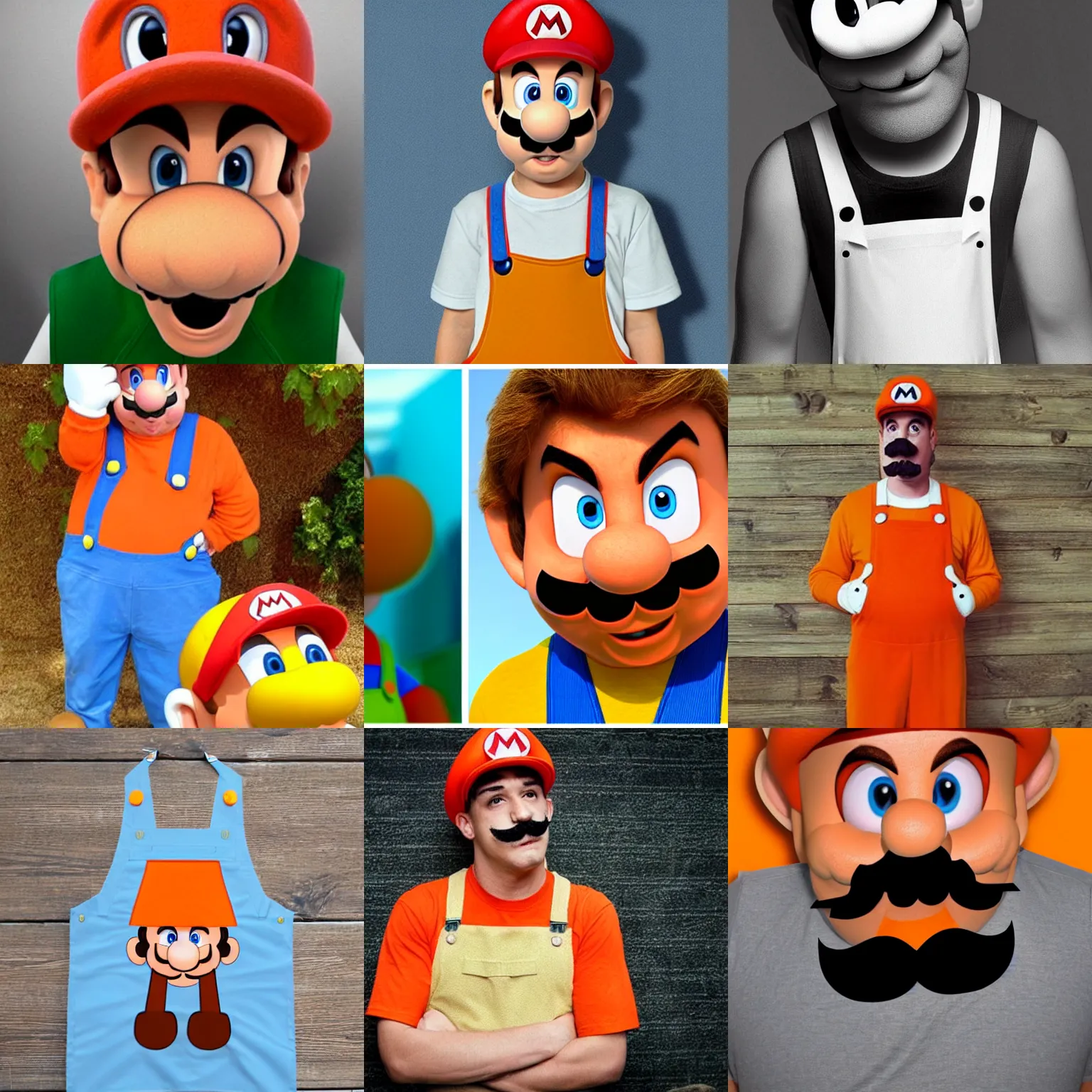 Prompt: brother of mario brother named sponge, orange overalls, ugly mustache, sad