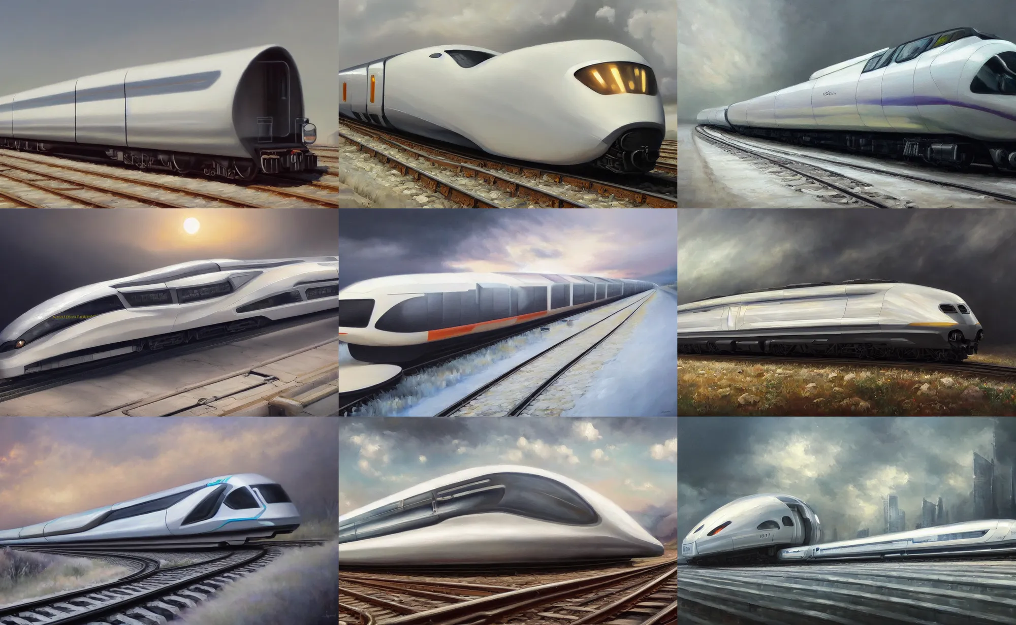 Prompt: Beautiful award winning oil painting of a futuristic white train, extremely detailed, trending on artstation