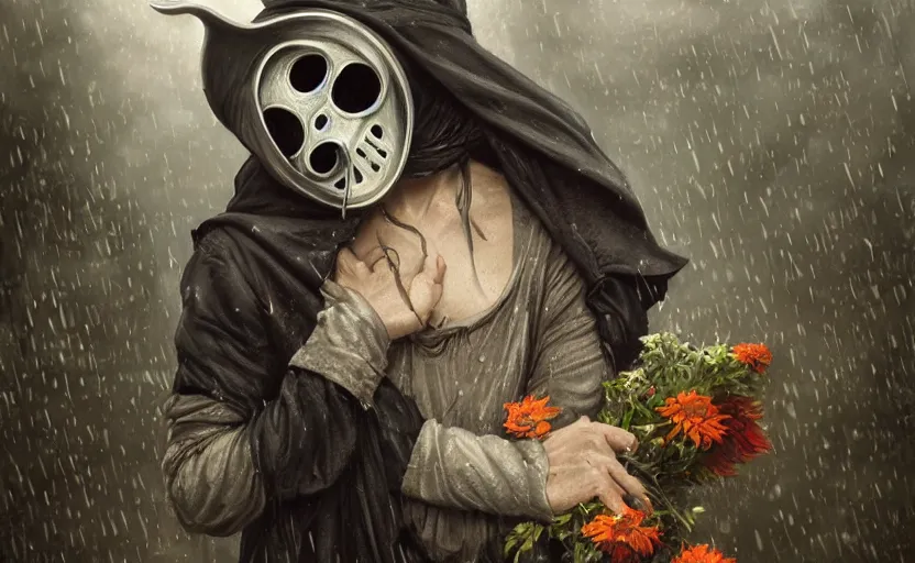 Image similar to plague doctor holding flowers, heavy rain, wind, thunder, reflections, deep focus, d & d, fantasy, intricate, elegant, highly detailed, digital painting, artstation, concept art, matte, sharp focus, illustration, hearthstone, art by artgerm and greg rutkowski and alphonse mucha